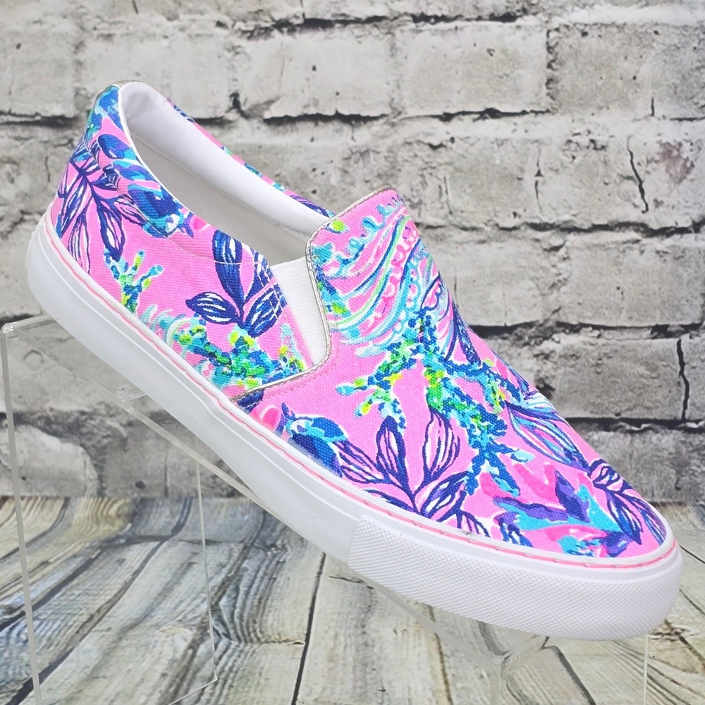 Lilly Pulitzer Julie Sneakers Womens 9 Pink Blue Floral Tropical Slip On Flats